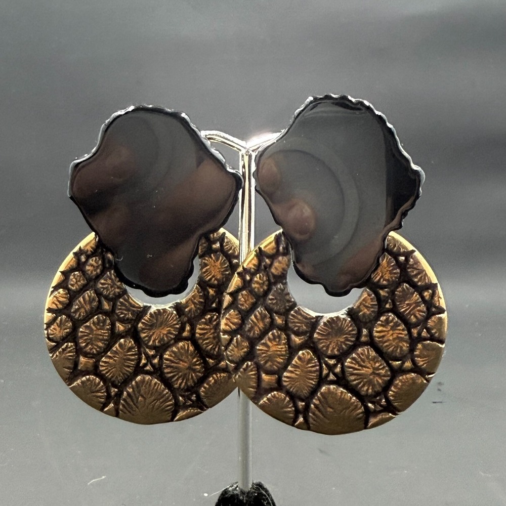 RARE Stephen Dweck Brass & Sterling Silver Black Onyx Clip Earrings‎ 2.5"